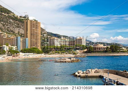 Monaco, Montecarlo - September 17, 2017: Montecarlo beach and princess Grace avenue view with residential buildings