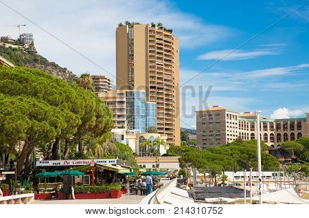 Monaco, Montecarlo - September 17, 2017: Montecarlo beach and princess Grace avenue view with residential buildings