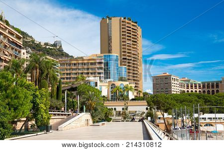 Monaco, Montecarlo - September 17, 2017: Montecarlo beach and princess Grace avenue view with residential buildings