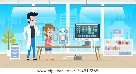 Handsome teacher help little boy with programming and creating smart robot. Courses at modern office classrom for kids. Vector illustration
