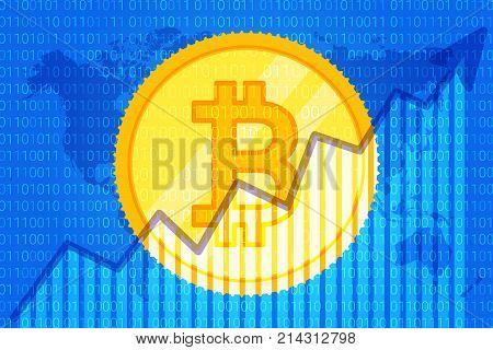Bitcoin Trade Cryptocurrency. Growth Graph On Code Background For News. Chart Up. Vector