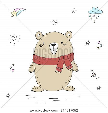 vector card with cute hand drawn bear. vector print.