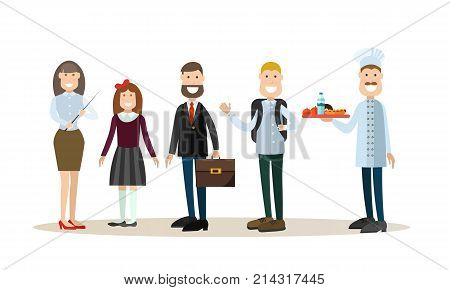 Vector illustration of school principal, teacher, cook and schoolchildren. School people concept flat style design elements, icons isolated on white background.