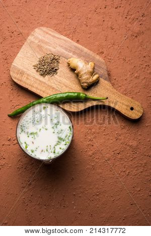 Spiced buttermilk, chaas,  chaach, taak, or curd drink for summer in India