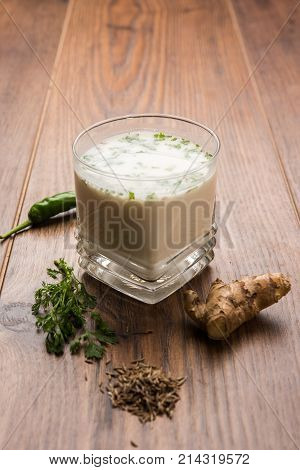 Spiced buttermilk, chaas,  chaach, taak, or curd drink for summer in India