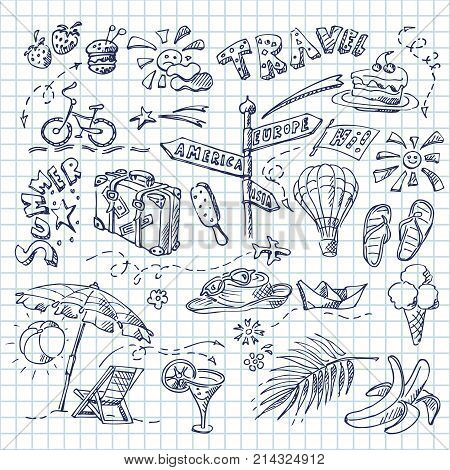 Set of different kinds of handwritten drawings with pen on tetrad on theme of resting, beach and sea