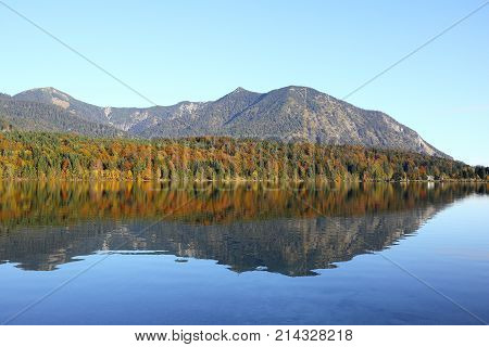 blue reflecting lake in bavarian mountain landscape