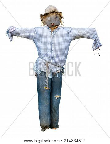 Spooky Isolated Scarecrow With Hat And Button Eyes On White Background