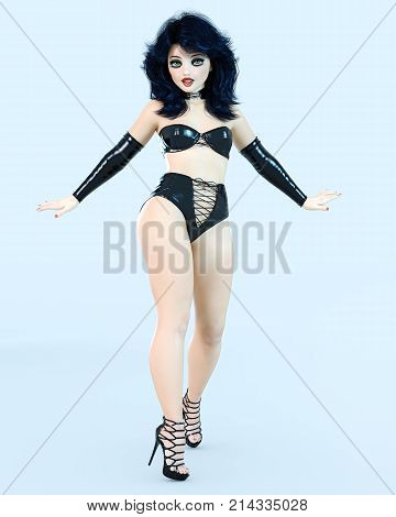 3D sexy girl doll big green eyes and bright makeup. Woman retro style black latex shorts bustier. High heel. Dark hair. Conceptual fashion art. Seductive candid pose. Realistic render illustration.