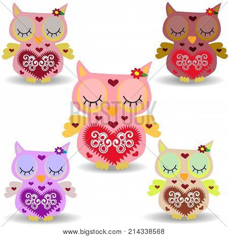 Nice Pink Smiling Owl With A Lilac Flower On The Ear And Ornament On The Heart And Wings