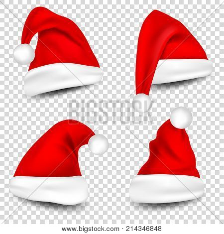 Christmas Santa Claus Hats With Shadow Set. New Year Red Hat Isolated on Transparent Background. Vector illustration.