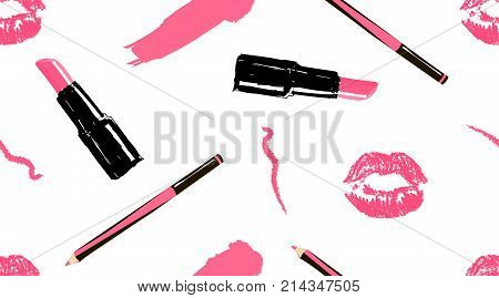 Professional makeup artist background. Vector seamless pattern with lipstick smear and brush makeup pencils lipstick pink lips mouth. Hand drawn fashion art illustration in fashion trendy style.