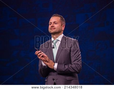 BERLIN GERMANY - NOV 13 2017: NetApp EMEA General Manager Alexander Wallner makes speech at NetApp Insight 2017 conference in Berlin Germany on Nov 13 2017.