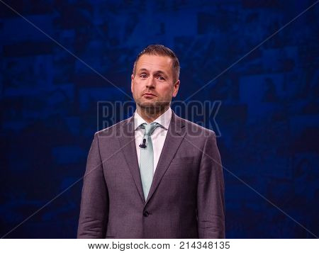 BERLIN GERMANY - NOV 13 2017: NetApp EMEA General Manager Alexander Wallner makes speech at NetApp Insight 2017 conference in Berlin Germany on Nov 13 2017.