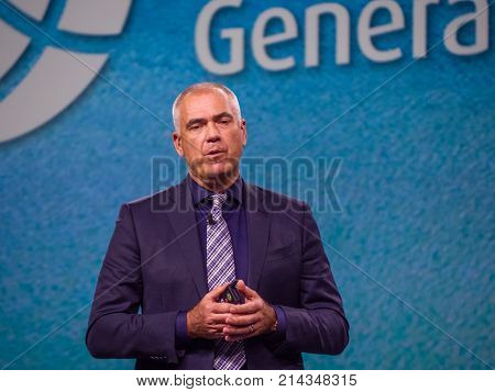 BERLIN GERMANY - NOV 13 2017: NetApp vice president of Worldwide Field and Customer Operations Henri Richard makes speech at NetApp Insight 2017 conference in Berlin Germany on Nov 13 2017.