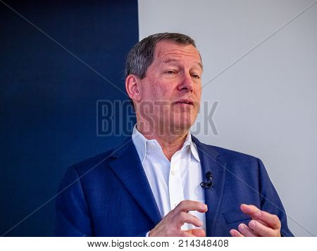 BERLIN GERMANY - NOV 13 2017: NetApp Chief Technology Officer Mark Bregman makes speech at NetApp Insight 2017 conference in Berlin Germany on Nov 13 2017.