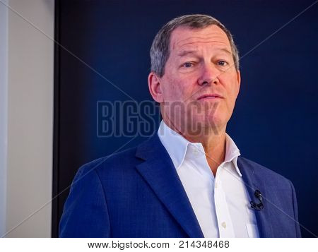 BERLIN GERMANY - NOV 13 2017: NetApp Chief Technology Officer Mark Bregman makes speech at NetApp Insight 2017 conference in Berlin Germany on Nov 13 2017.