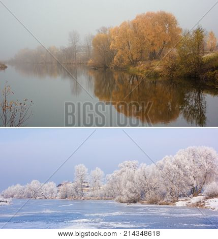 autumn winter lake with trees collage. autumn winter lake with trees collage