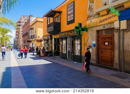 April 2014 Santa Cruz This is Castillo street in Santa Cruz de Tenerife visited from many tourist in this season for shopping in craft shops and eating in its typical restaurants.