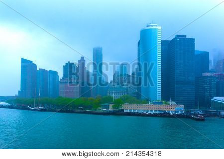 New York City from Ferry at rainy day