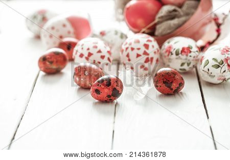 Easter Eggs On A Light Wood Background,