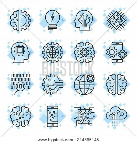 Icon set for artificial intelligence ai concept various symbols. For web, sites, mobile applications and other. Techno, online design, business, gui, ui. Editable Stroke