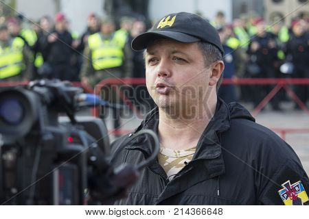 Kiev Ukraine - October 18 2017: People's deputy and well-known activist Semyon Semenchenko gives an interview before the Verkhovna Rada for protests against President Poroshenko