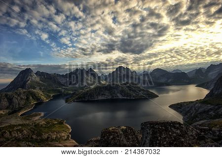Lake Solbjornvannet in Flakstad, Lofoten islands. Shot from Mt. Tekoppstetten