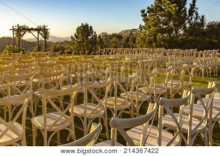 Golden Hour Of The Wedding Seating Area From Back With Tighter Crop