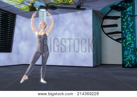 a hologram dancer in an apartment (3d mixed media)