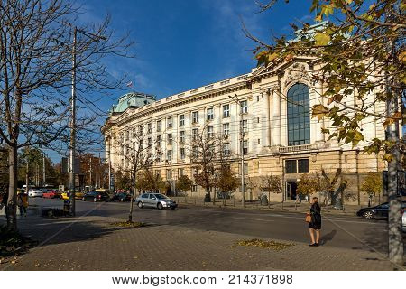 SOFIA, BULGARIA - NOVEMBER 7, 2017: Sunset view of University of Sofia St. Kliment Ohridski, Bulgaria