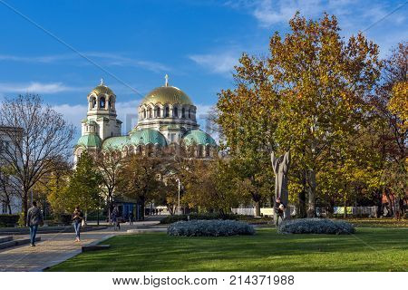 SOFIA, BULGARIA - NOVEMBER 7, 2017: Golden Domes  of Cathedral Saint Alexander Nevski in Sofia, Bulgaria