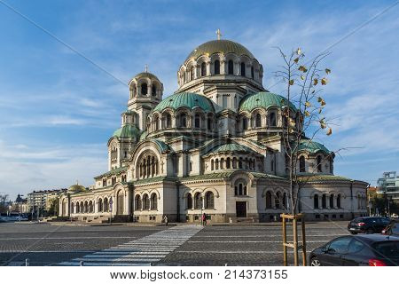 SOFIA, BULGARIA - NOVEMBER 7, 2017: Golden Domes  of Cathedral Saint Alexander Nevski in Sofia, Bulgaria