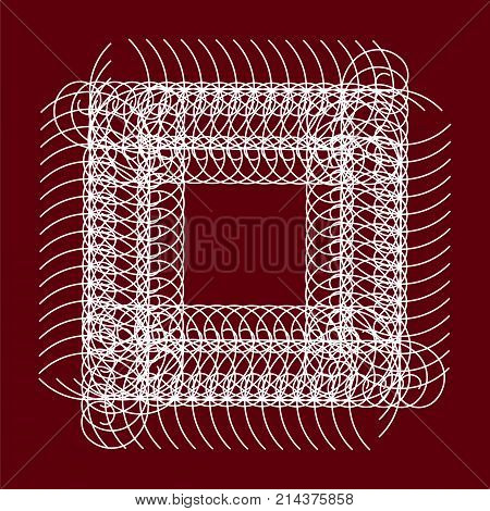 Frame with abstract ornament of curled lines. Effect of pleached wire. Bordo background, white shape. Square template. EPS10 illustration
