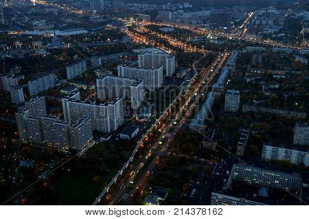 MOSCOW RUSSIA - OCTOBER 12 2017: View from the Ostankino TV tower to the Ostankino district in Moscow