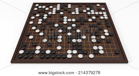 Traditional asian goban board and weiqi go game. 3d illustration. isolated on white