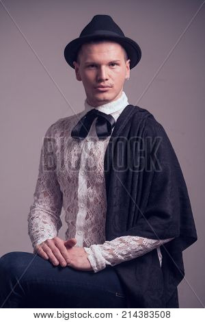 One Young Caucasian Man, Gay Gentelman, Wearing Lace Shirt, Hat, Studio Portrait