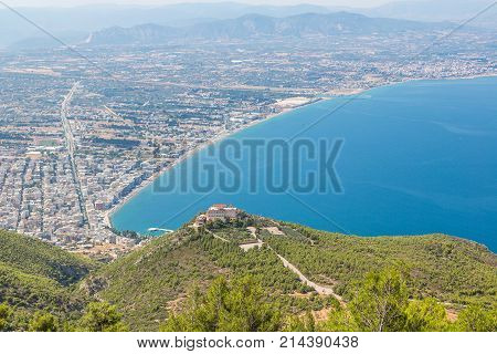 Panoramic View Of Loutraki And Aegean Sea Greece In A Summer Day