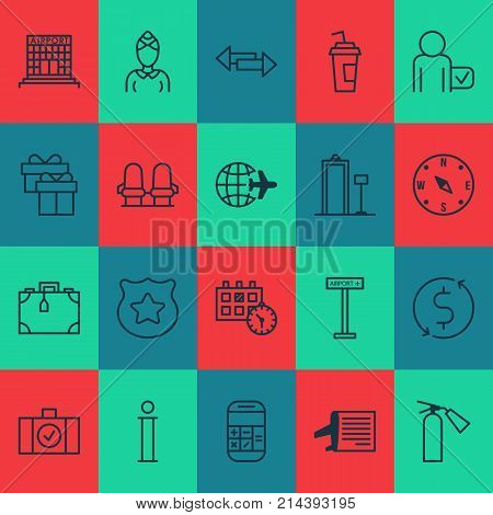 Airport Icons Set With Money Trasnfer, Armchair, Locate And Other Money Trasnfer Elements. Isolated Vector Illustration Airport Icons.