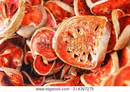 close up of Dried bael sliced fruit