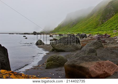 Kuril, Simushir Island. High breakage shore before the Pacific ocean.