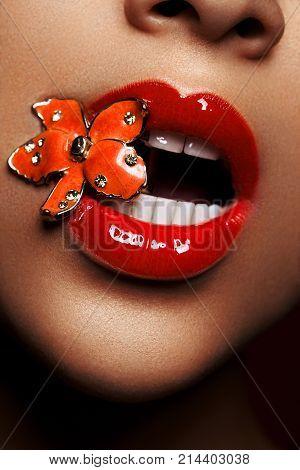 closeup shot of full sexy woman lips with red lipstick. metal jewerely flower in mouth. copyspace.