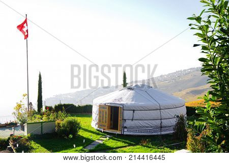 Streetcars or tram electric wires against the blue sky