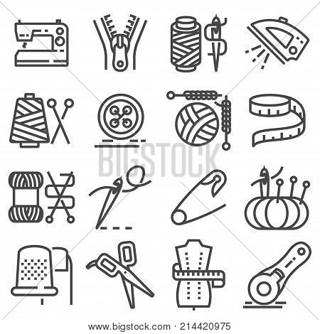 Simple set of sewing related vector line icons. Sewing Machine Measuring Tape Wool