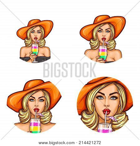 Set of vector pop art round avatar icons for users of social networking, blogs, profile icons. Young girl in hat holds a glass of cocktail and drink