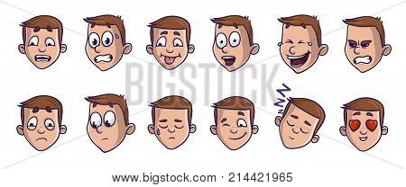 Set of head images with different emotional expressions. Emoji cartoon feces conveying verious emotions. Isolated vector illustration on white background. Comic style.