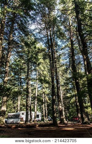 Lake of two rivers Campground Algonquin National Park a Beautiful natural forest landscape Canada Parked RV camper car