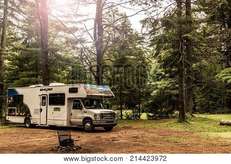 Canada Ontario Algonquin National Park 30.09.2017 - Parked RV camper car at Lake of two rivers Campground Beautiful natural forest landscape