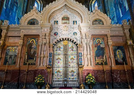 St. Petersburg, Russia - June 6 2017. iconostasis in Church of a Savior on Blood or Cathedral of Resurrection of Christ