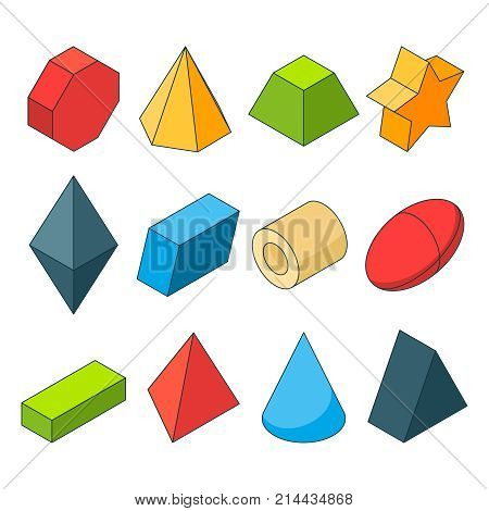 Colorful isometric pictures of geometry shapes. Christal, cylinder, prism and others. Color cylinder and geometry pyramid, geometric cone and sphere, vector illustration